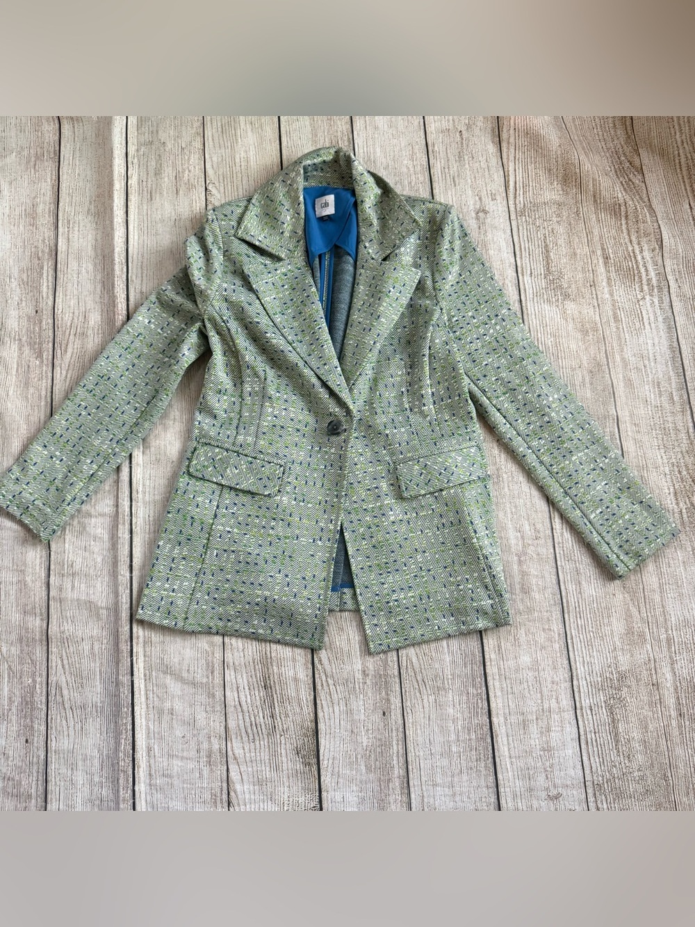 CAbi Pale Green Tweed Single-Button Blazer
